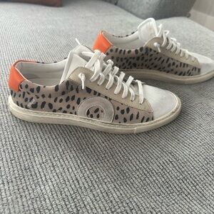 Oliver Cabell Leopard Print Low-Top Sneakers with Orange Heel
